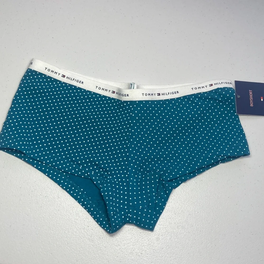 3/$18 Tommy Hilfiger teal polka dot boyshort panty with logo waistband size S - Picture 6 of 17